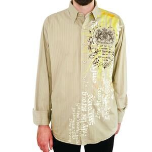 Raw Blue UO Streetwear Y2K Tan Collared Casual Button Down Graphic Shirt Large